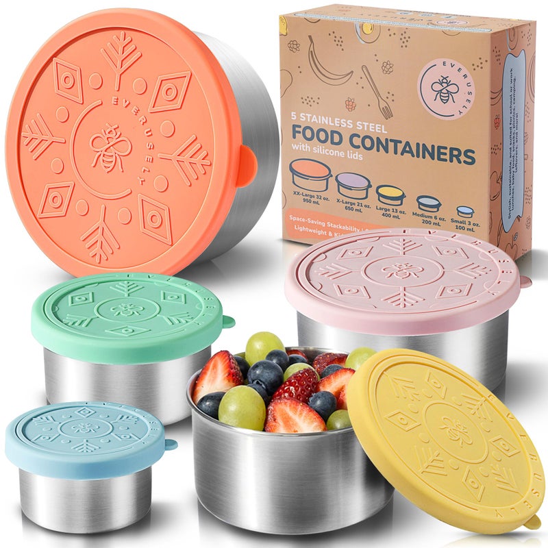 Everusely Stainless Steel Containers with Lids, Leakproof Stainless Steel Food Containers, Nesting Stainless Steel Snack Containers, Metal Lunch Container,Stainless Steel Lunch Box Containers - Image 1