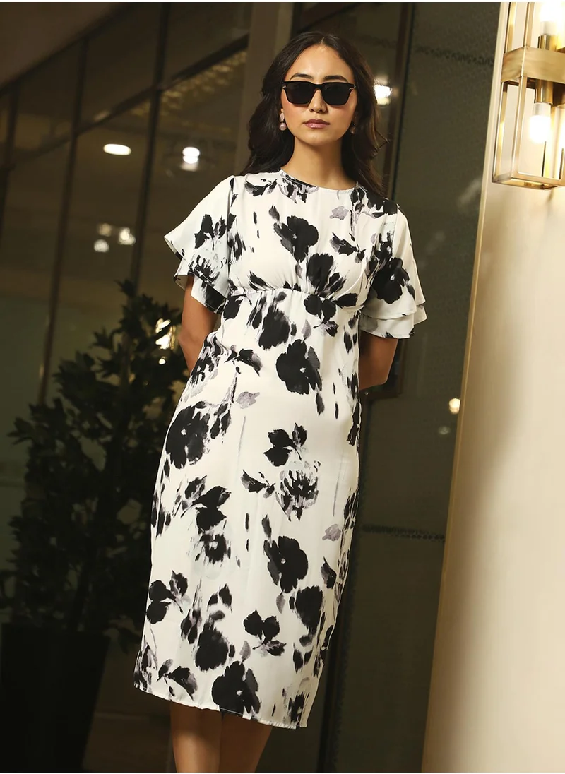 PINACOLADA Women's Ivory White & Midnight Black Flower Dress With Slit
