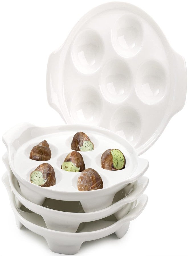 Okllen 4 Pack Ceramic Escargot Plates with 6 Holes and Handles, 6.5 Inch Seafood Snail Dish Footed Plates White Escargot Baking Dish Barbecue for Home, Kitchen, Restaurant - Image 1