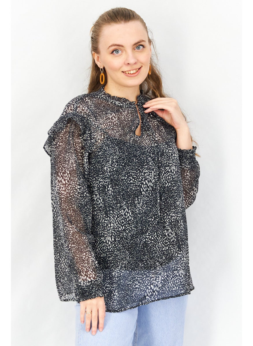 EDC Women Frill Neck Long Sleeve Allover Print Top, Black  - Image 1
