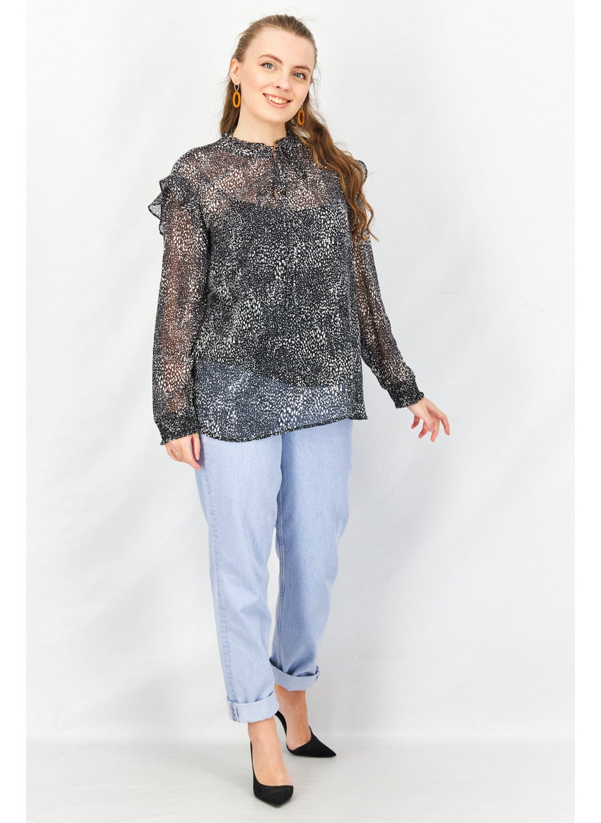 EDC Women Frill Neck Long Sleeve Allover Print Top, Black  - Image 3