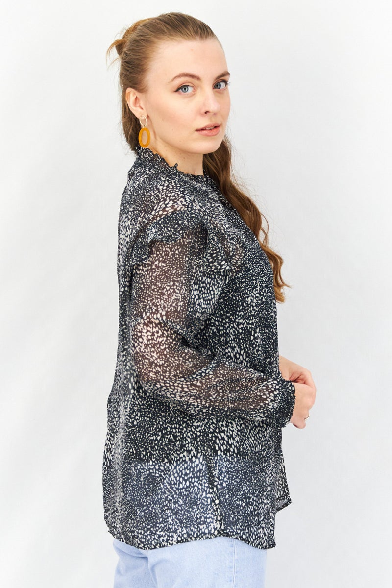 EDC Women Frill Neck Long Sleeve Allover Print Top, Black - Image 4