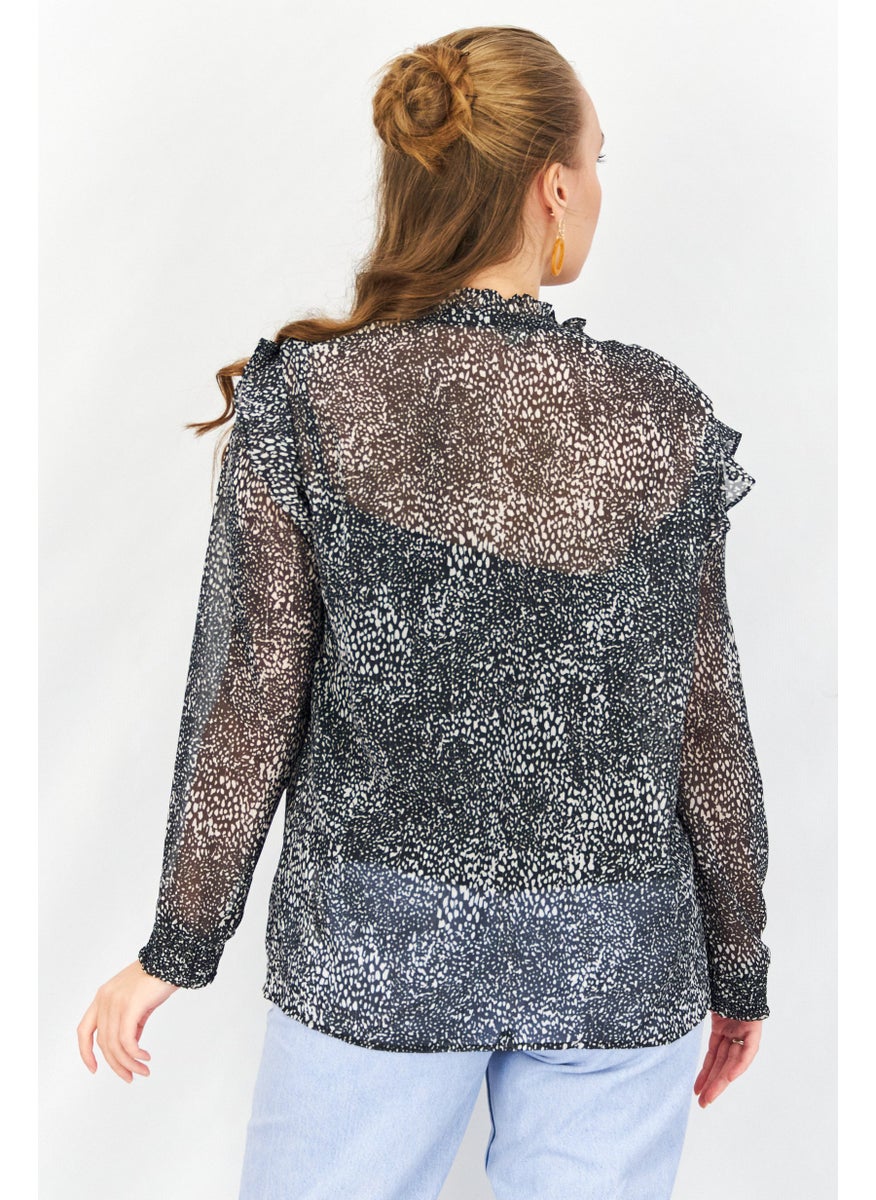 EDC Women Frill Neck Long Sleeve Allover Print Top, Black  - Image 2