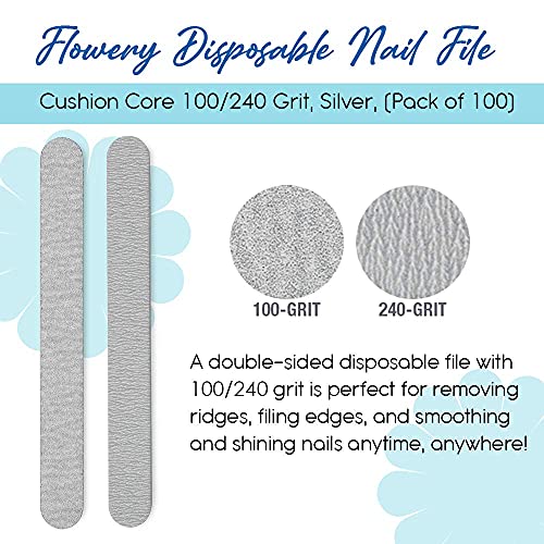 Flowery for The Pro Cushion Core Disposable Nail Files, 100/240 Grit, Double-Sided, Coarse/Medium Professional Shaper Smoother File, for All Types of Nails, 100 Count - Image 4