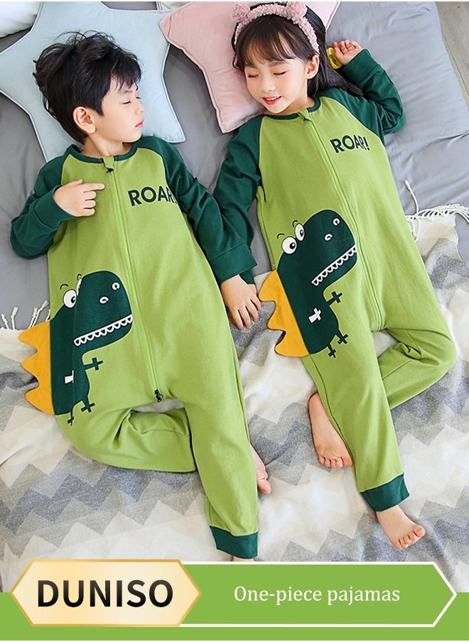 DUNISO - Children's Cartoon Pyjamas, pure cotton cartoon dinosaur jumpsuit sleeping bag, spring and autumn long sleeved home clothes, suitable for children with a height of 115 to 125 centimeters, green (size 14) - Image 1