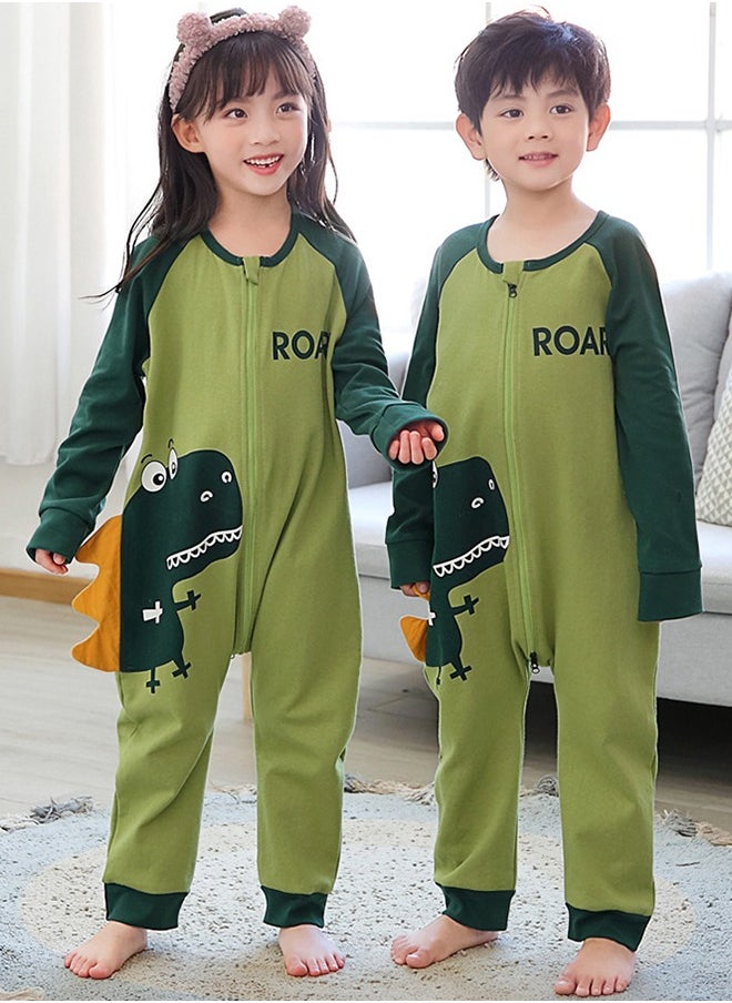 DUNISO - Children's Cartoon Pyjamas, pure cotton cartoon dinosaur jumpsuit sleeping bag, spring and autumn long sleeved home clothes, suitable for children with a height of 115 to 125 centimeters, green (size 14) - Image 1