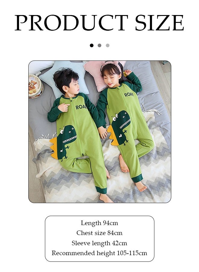 DUNISO - Children's Cartoon Pyjamas, pure cotton cartoon dinosaur jumpsuit sleeping bag, spring and autumn long sleeved home clothes, suitable for children with a height of 115 to 125 centimeters, green (size 14) - Image 1