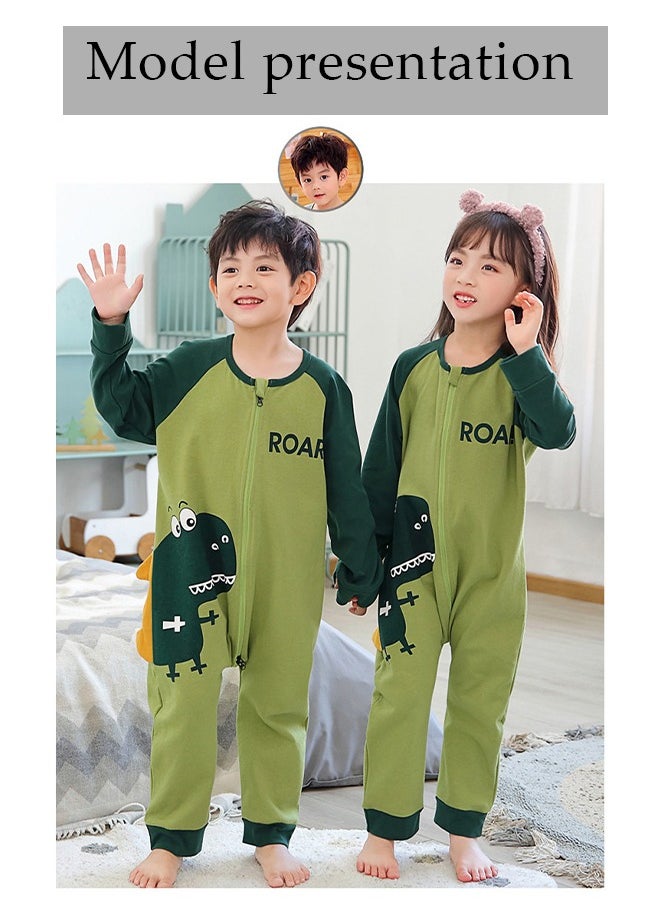 DUNISO - Children's Cartoon Pyjamas, pure cotton cartoon dinosaur jumpsuit sleeping bag, spring and autumn long sleeved home clothes, suitable for children with a height of 115 to 125 centimeters, green (size 14) - Image 1