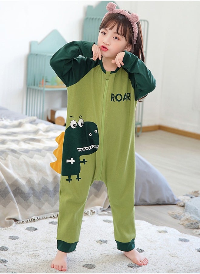 DUNISO - Children's Cartoon Pyjamas, pure cotton cartoon dinosaur jumpsuit sleeping bag, spring and autumn long sleeved home clothes, suitable for children with a height of 115 to 125 centimeters, green (size 14) - Image 1
