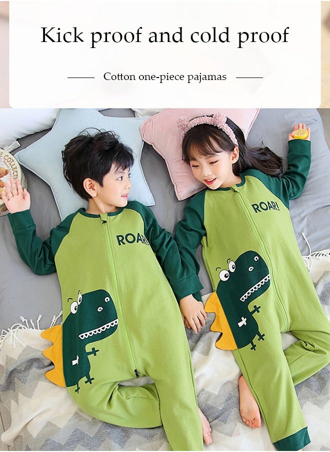 DUNISO - Children's Cartoon Pyjamas, pure cotton cartoon dinosaur jumpsuit sleeping bag, spring and autumn long sleeved home clothes, suitable for children with a height of 115 to 125 centimeters, green (size 14) - Image 1