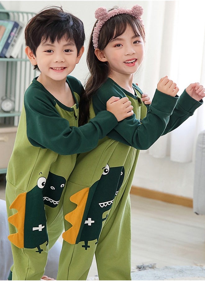 DUNISO - Children's Cartoon Pyjamas, pure cotton cartoon dinosaur jumpsuit sleeping bag, spring and autumn long sleeved home clothes, suitable for children with a height of 115 to 125 centimeters, green (size 14) - Image 1