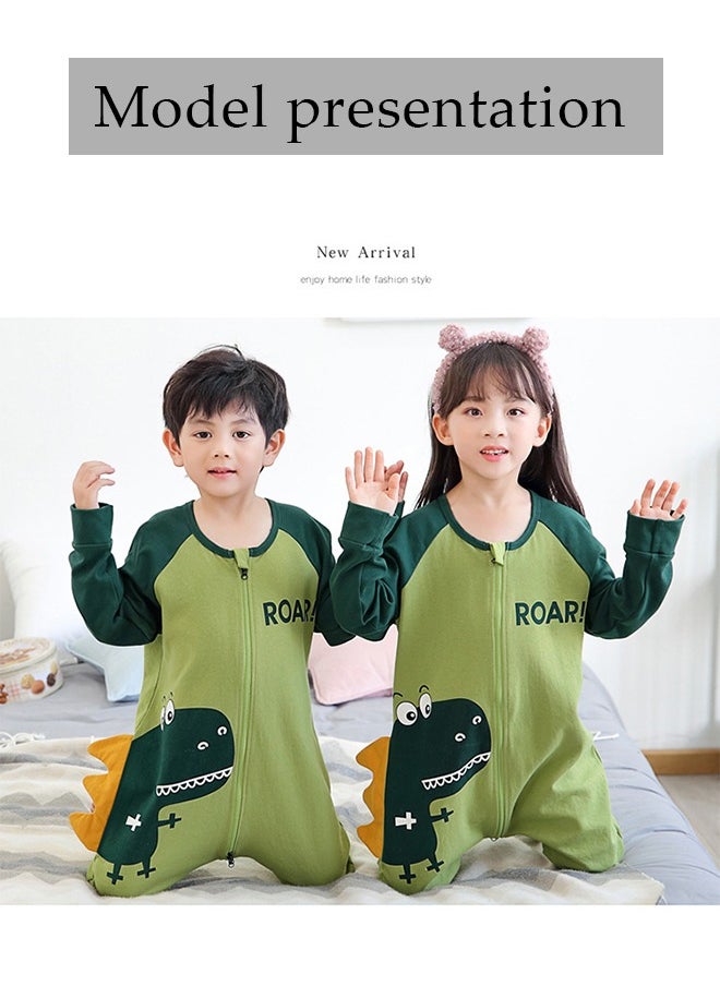 DUNISO - Children's Cartoon Pyjamas, pure cotton cartoon dinosaur jumpsuit sleeping bag, spring and autumn long sleeved home clothes, suitable for children with a height of 115 to 125 centimeters, green (size 14) - Image 1