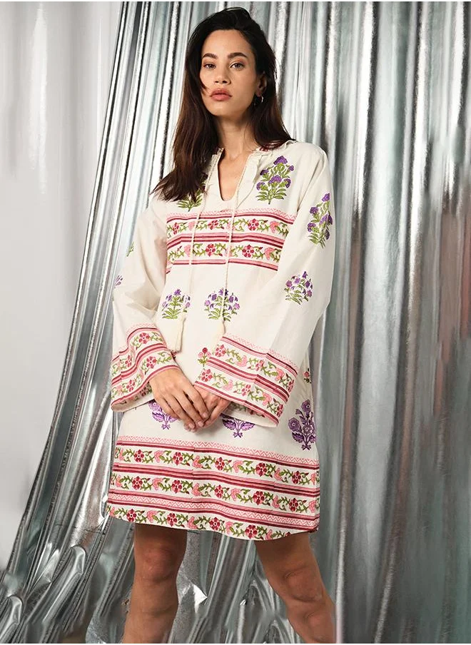 فيرجيو VIRGIO 100% Cotton Bell Sleeve Block Print Mini Dress