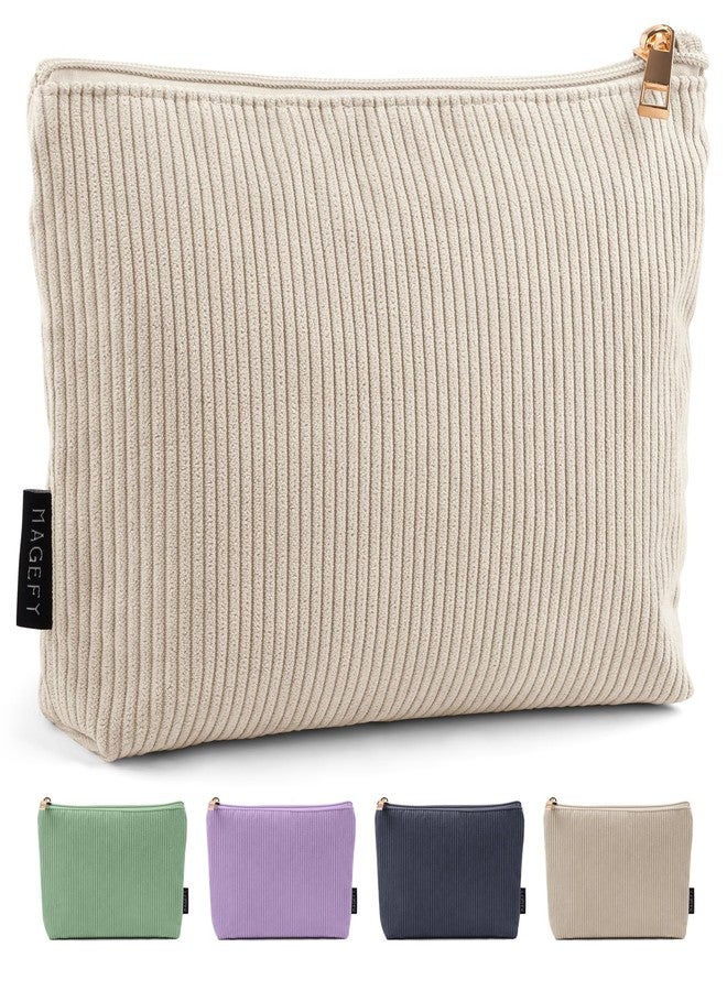 MAGEFY Small Makeup Bag for Purse Corduroy Makeup Bag with Inner Zipper Pockets Travel Cosmetic Bag for Women Preppy Stuff Aesthetic Gifts, Beige - Image 1