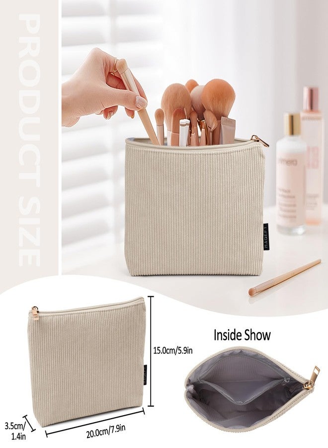 MAGEFY Small Makeup Bag for Purse Corduroy Makeup Bag with Inner Zipper Pockets Travel Cosmetic Bag for Women Preppy Stuff Aesthetic Gifts, Beige - Image 4