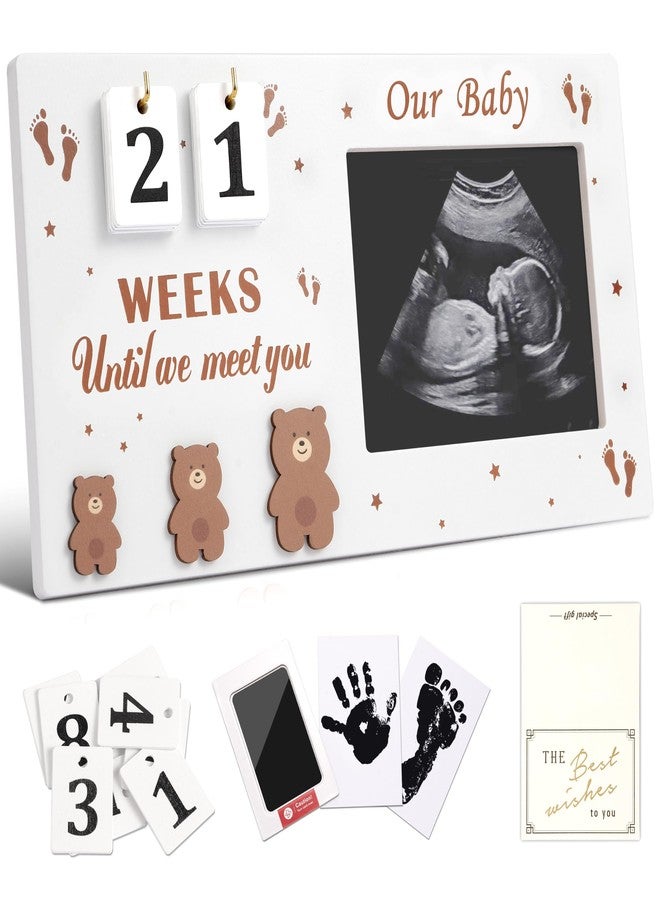 DACO MIN Baby Sonogram Picture Frame with Countdown Weeks, 4"x3" Ultrasound Photo Frame with Inkless Handprint Kit, Bear Pregnancy Announcement Gift for Expecting Mom Dad, Grandparents Reveal (Brown) - Image 1
