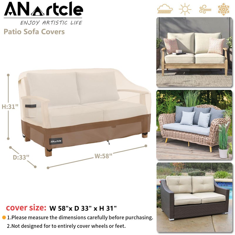 ANartcle 2-Seater Patio Loveseat Cover,58W x 32.5D x 31H Inches Outdoor Couch Cover,100% Waterproof Heavy Duty Patio Sofa Covers,Patio Furniture Covers,Beige&Brown - Image 3