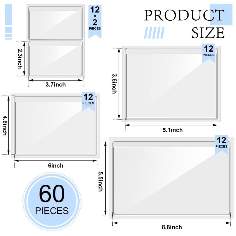 Seewey 60 Pcs Clear Adhesive Pockets 4 Sizes Self Adhesive Index Card Pockets Self Photo Sleeves Business Clear for Planners and Binders - Image 4