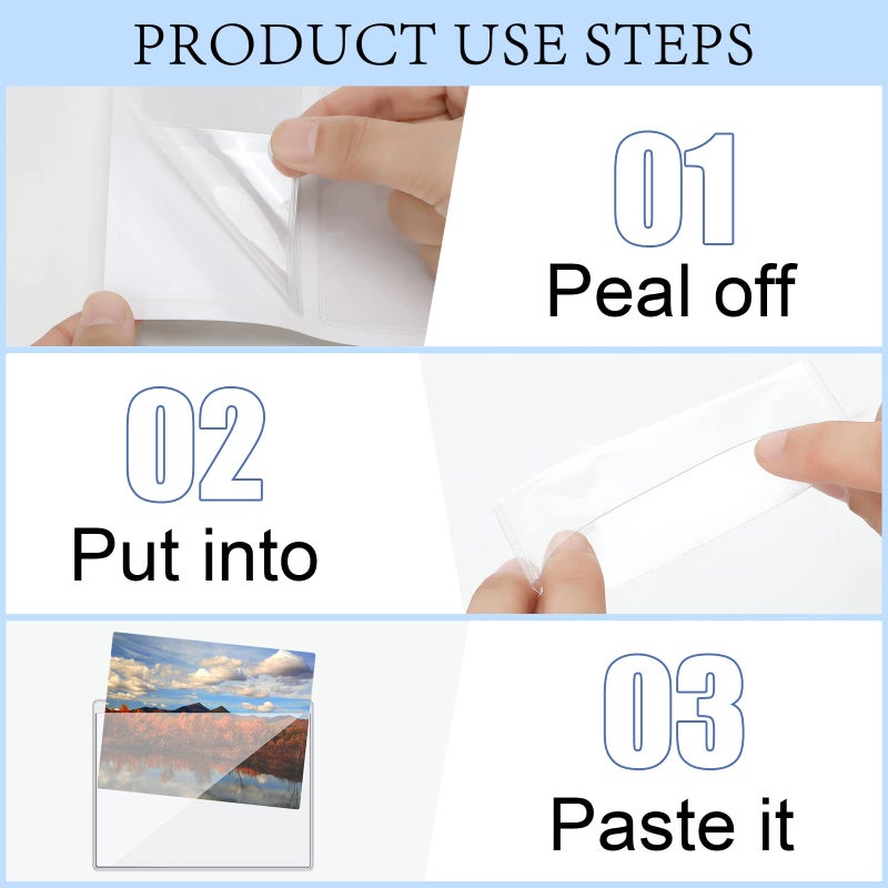 Seewey 60 Pcs Clear Adhesive Pockets 4 Sizes Self Adhesive Index Card Pockets Self Photo Sleeves Business Clear for Planners and Binders - Image 5