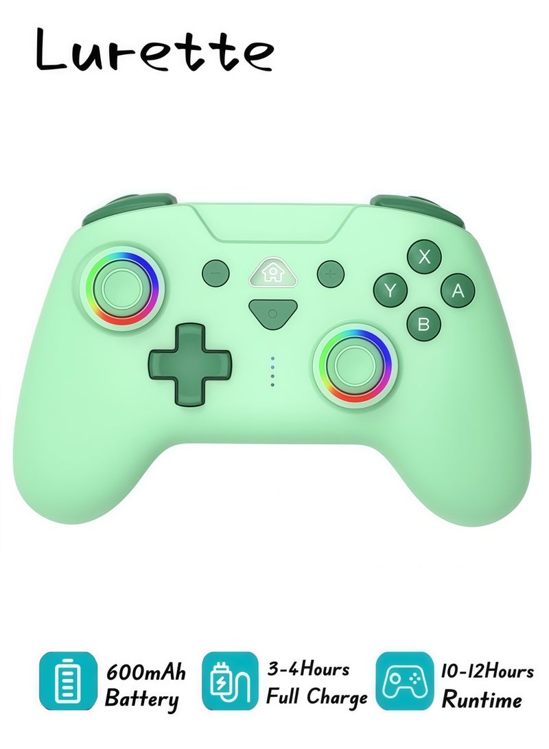 Lurette Wireless Switch Controllers for Nintendo Switch, 6-Axis Gyro, Turbo Function, 7-Color RGB Lights, Compatible with Switch1/Switch2/PC (Wired)/iOS, All Functions Included with a Stylish Design and Cute Color - Green - Image 1