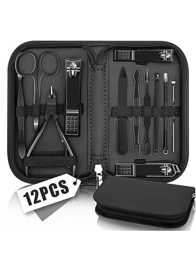 مجموعة مقص أظافر ١٢ في ١ - أدوات للعناية بالأظافر مع حقيبة سفر (أسود) - Image 1