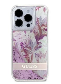 GUESS iPhone 15 Pro Case HC Liquid Glitter Back Cover with Flower Pattern / Drop & Bumper Protection - Pink  - Image 1