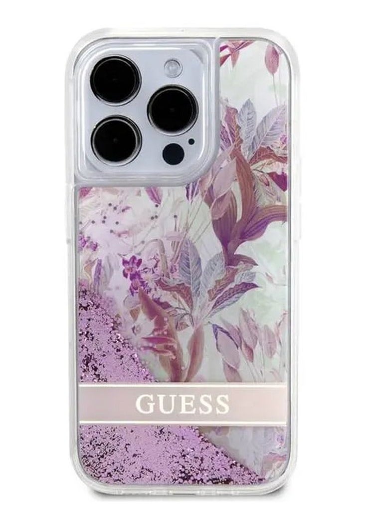 GUESS - iPhone 15 Pro Case HC Liquid Glitter Back Cover with Flower Pattern / Drop & Bumper Protection - Pink - Image 1