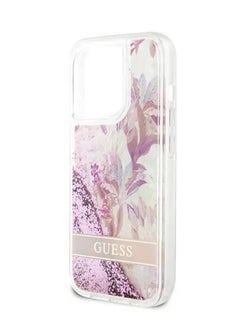 GUESS iPhone 15 Pro Case HC Liquid Glitter Back Cover with Flower Pattern / Drop & Bumper Protection - Pink  - Image 4