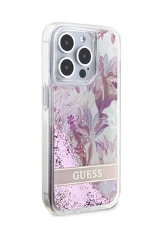 GUESS iPhone 15 Pro Case HC Liquid Glitter Back Cover with Flower Pattern / Drop & Bumper Protection - Pink  - Image 2