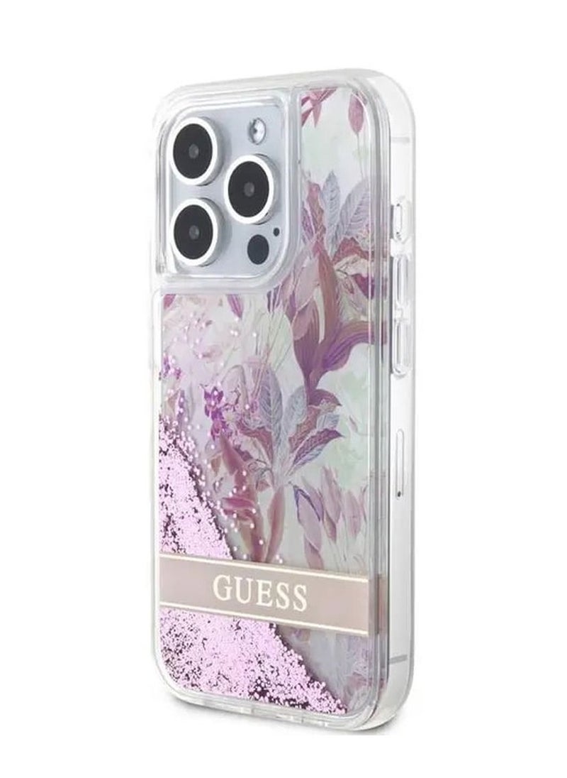 GUESS - iPhone 15 Pro Case HC Liquid Glitter Back Cover with Flower Pattern / Drop & Bumper Protection - Pink - Image 1