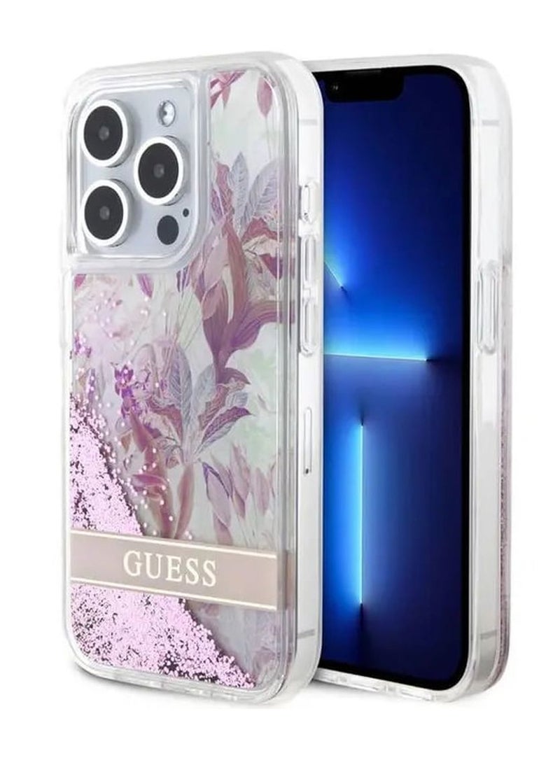GUESS - iPhone 15 Pro Case HC Liquid Glitter Back Cover with Flower Pattern / Drop & Bumper Protection - Pink - Image 1
