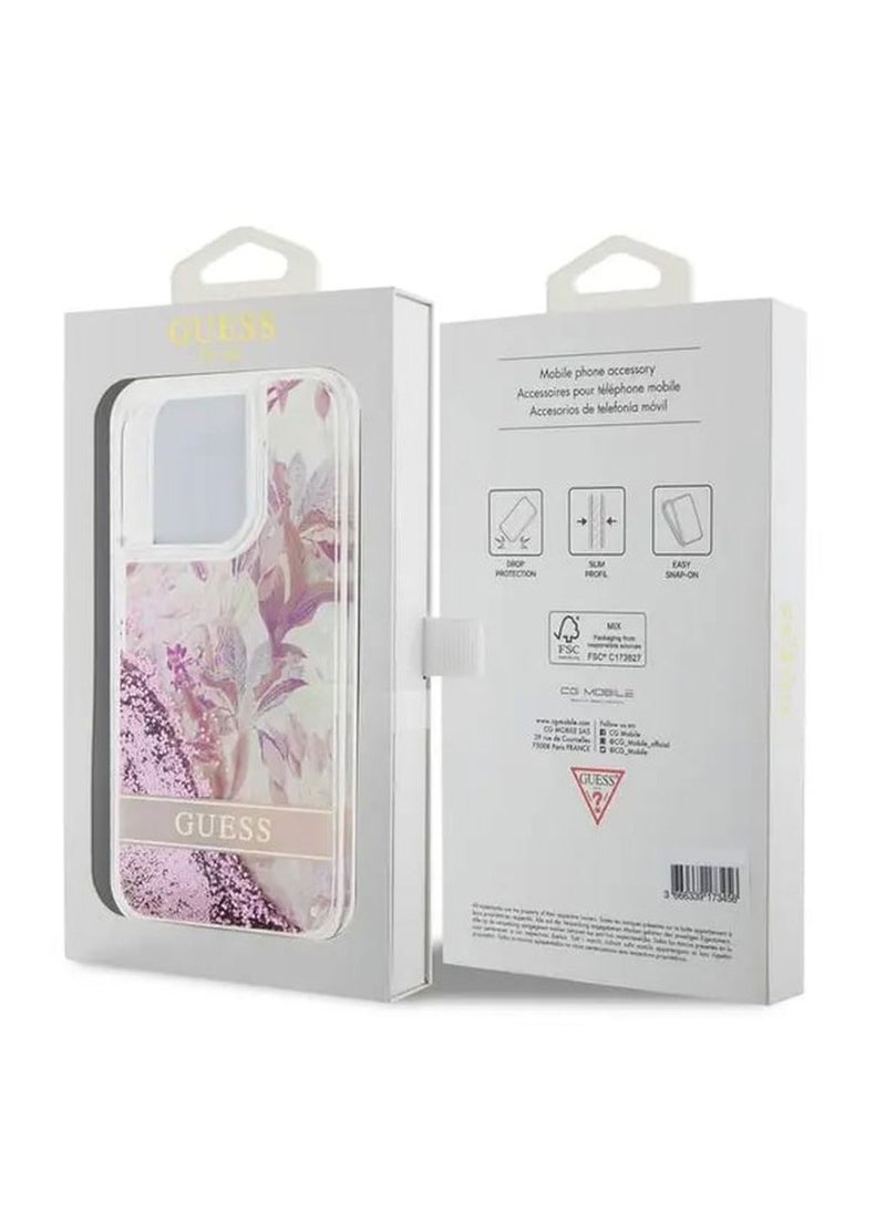 GUESS - iPhone 15 Pro Case HC Liquid Glitter Back Cover with Flower Pattern / Drop & Bumper Protection - Pink - Image 1