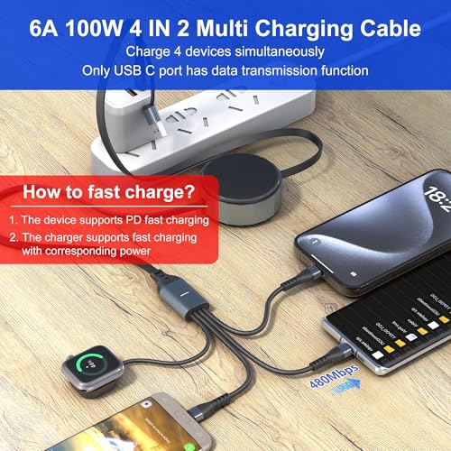 Ardaddyn Multi Charging Cable for Apple Watch Charger - 4 in 1 Retractable Cable Portable Charger Cable with Lightning/Micro/Type C/iWatch for iPad, Tablets, 100W iPhone Retractable Multi Charging Cord - Image 2