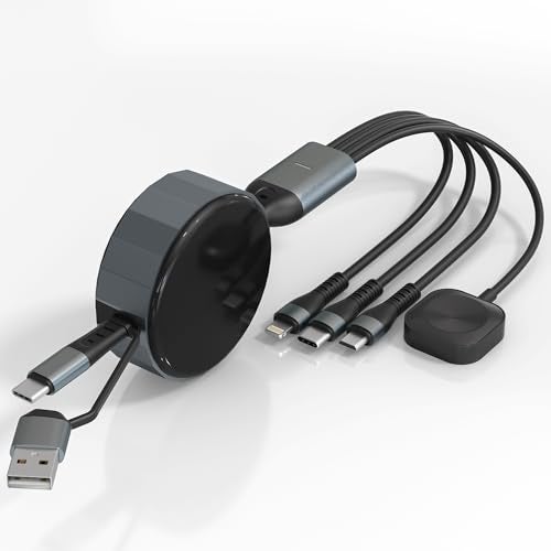 Ardaddyn Multi Charging Cable for Apple Watch Charger - 4 in 1 Retractable Cable Portable Charger Cable with Lightning/Micro/Type C/iWatch for iPad, Tablets, 100W iPhone Retractable Multi Charging Cord - Image 1