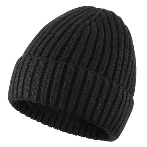 Connectyle Outdoor Classic Bassic Men 's Warm Winter Hats Thick Knit Long Cuff Beanie Cap with Lining, 55 60cm, Black - Image 1
