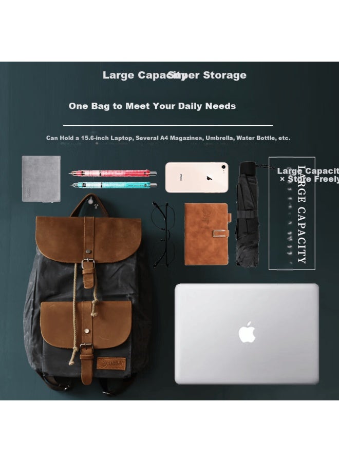 World Geography New Genuine Leather Men's Backpack Canvas Large Capacity 15.6-inch Laptop Student School Bag Arctic Gray - Image 3