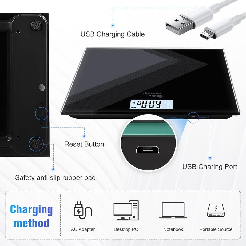 HIMALY ميزان حمام رقمي قابل لإعادة الشحن عبر USB لقياس وزن الجسم مع مؤشر تغيير الوزن بتقنية StepOn دقة عالية سعة قصوى 180 كجم 400 رطل 28 حجر - Image 5