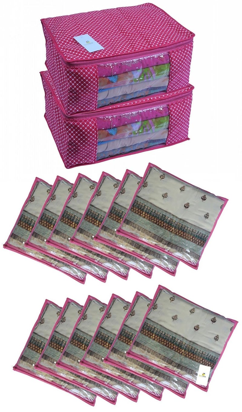 Homestrap Combo of Cotton Quilted Saree Cover with Window Single Saree Cover Pink Set of 14 - Image 1