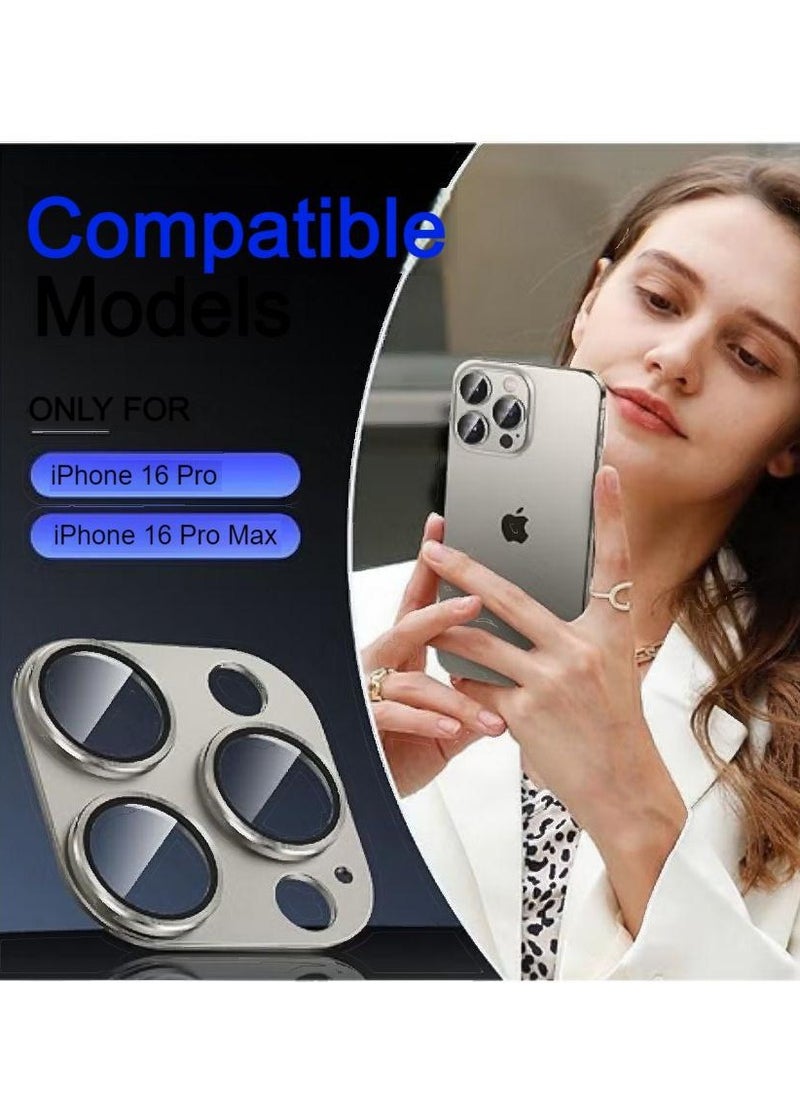 Generic For iPhone 16 Pro/iPhone 16 Pro Max Camera Lens Protector 9H Tempered Glass Camera Cover Screen Metal Ring Case Friendly Scratch Resistant Easy to Install Bling Tempered Glass Cover Camera Screen Protector with Metal Ring Protector, Case Lens for iPhone 16 Pro / iPhone 16 Pro Max.  Real machine debugging accurate color accuracy - Natural Titanium  - Image 2