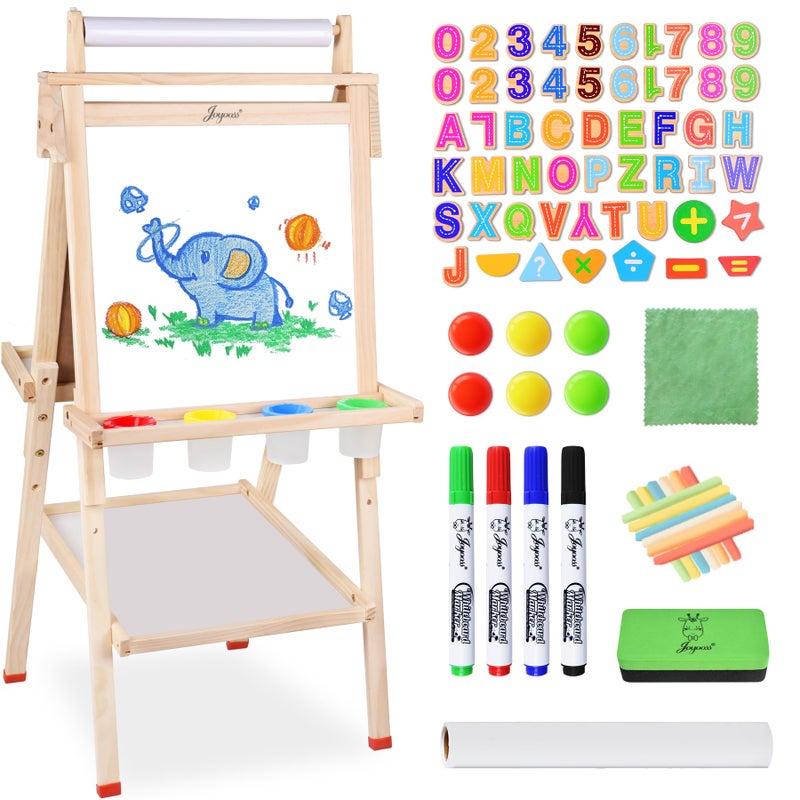 Joyooss Art Easel for Kids with DoubleSided Magnetic Wooden Standing Kids Easel with Dry Erase Whiteboard  Chalkboard Height Adjustable Children Easel with Paper Roll Bonus Toddler Art Supplies