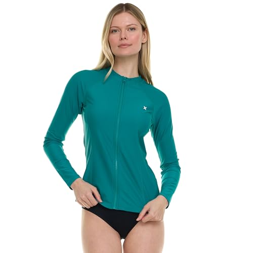 Hurley Rash Guard for Women Full Zip Zip Up Long Sleeve Swim Shirts for Women Surfing Top UPF 50 SPF Sun UV Protection Emerald - Image 3