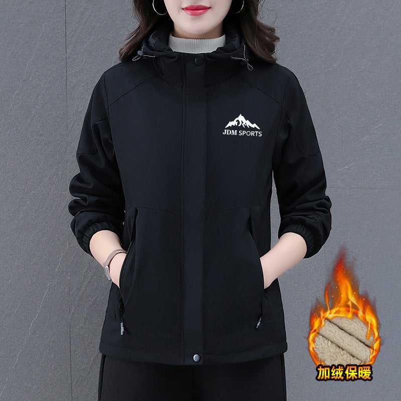 fleece-lined Thickened Warm Jacket Jacket Womens Autumn and Winter New Western Style Contrast Color Outdoor Windproof Zipper Cardigan Black 
