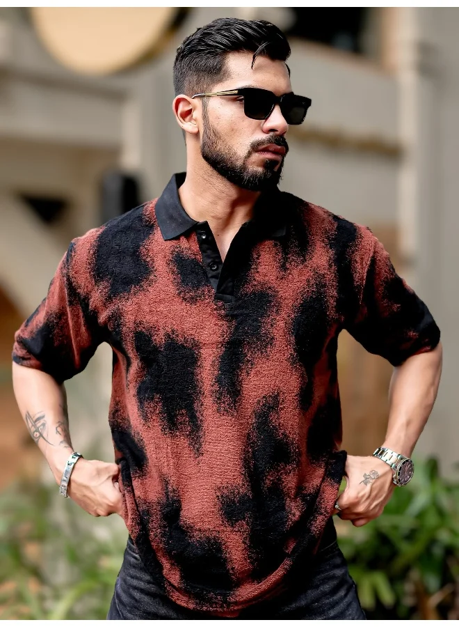 مانياك تيشيرت بولو رجالي قطن 3/4 كم، لون عنابي، بطبعة سبراي آرت