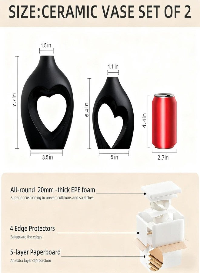 Zormon Black Heart Shaped Ceramic Vases Set of 2, Nordic Decorative Vases for Table Centerpiece, Wedding, Dining, Living Room, Office, Home Decor - Image 2