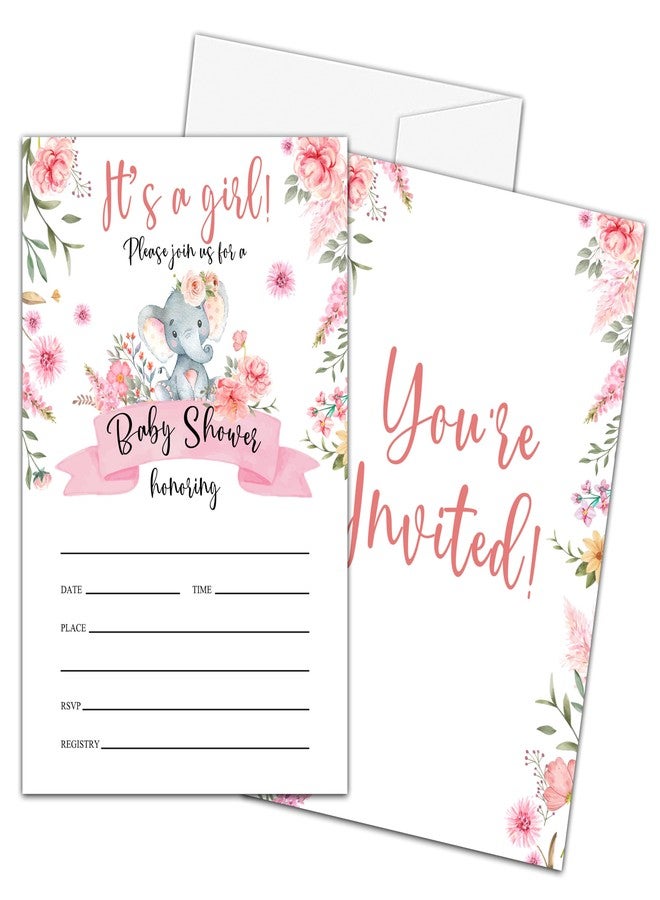 Zmyollo It's A Girl Elephant Baby Shower Invitations with Envelopes - 25PCS Blush Pink Floral Elephant Themed Gender Reveal Invites for Girls - Baby Shower Party Supplies Decorations -09 - Image 2