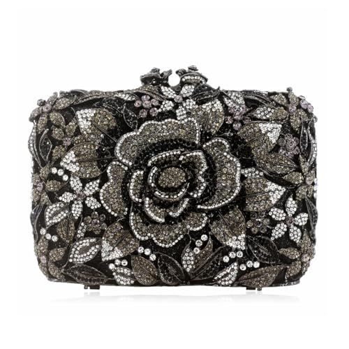 DJBM Vintage Women Floral Rhinestone Crystal Purse Rose Evening Clutch Diamond Evening Bags for Party Wedding Cocktail Prom, Black - Image 1