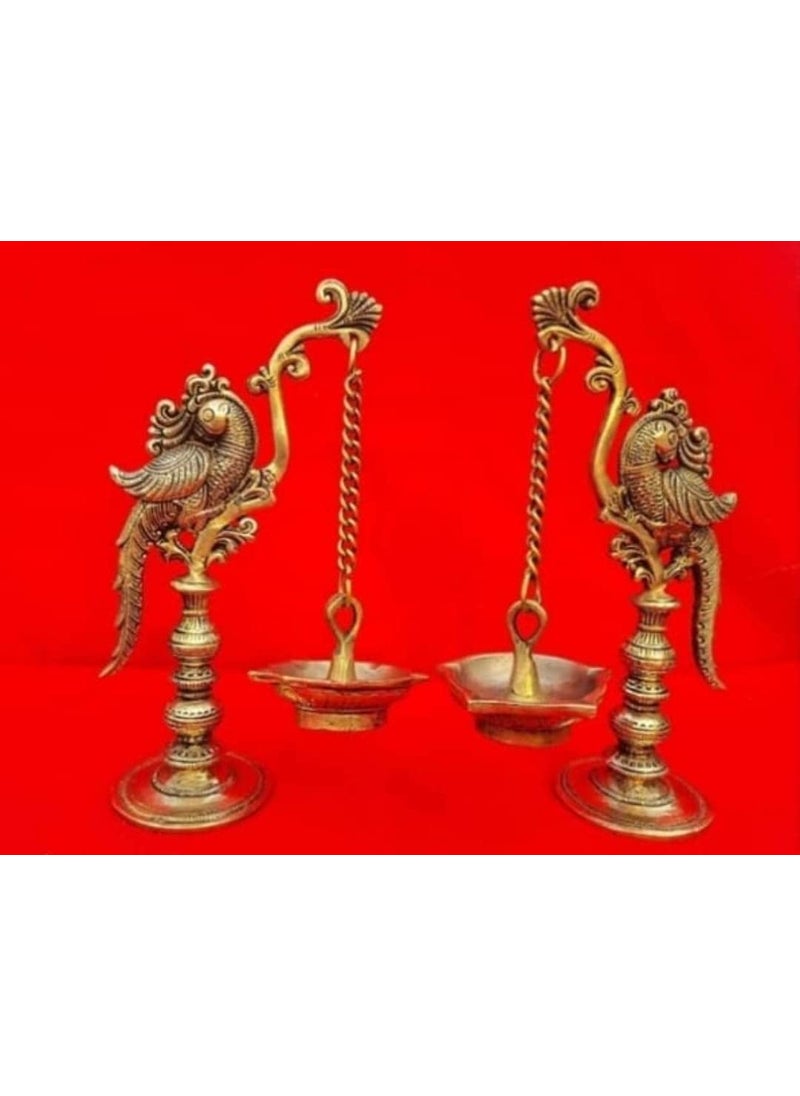 EXPLORE India EXPLORE India Brass Parrot Lamp Hanging Chain Diya Parrot Diya Bird Diya Oil Ghee Wick Lamp Brass Deepak for Pooja Home Decor LWH183165216CmW18Kg 