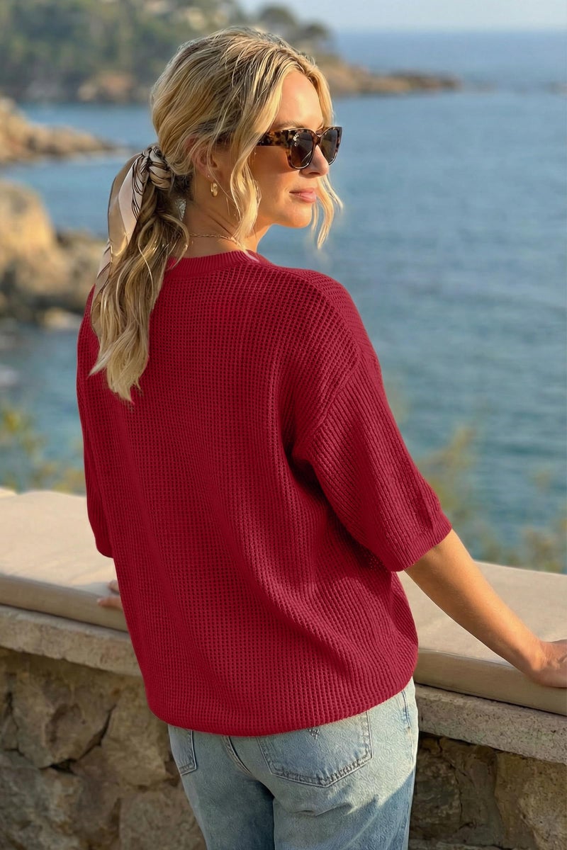 Arach&Cloz 2026 Women's Cotton Spring Summer Crochet Tops Crew Neck 3/4 Half Drop Short Sleeve Hollow Out Oversized Resort Wear Sweater Casual Vacation Outfits Fashion Trendy Shirts Red XL - Image 3