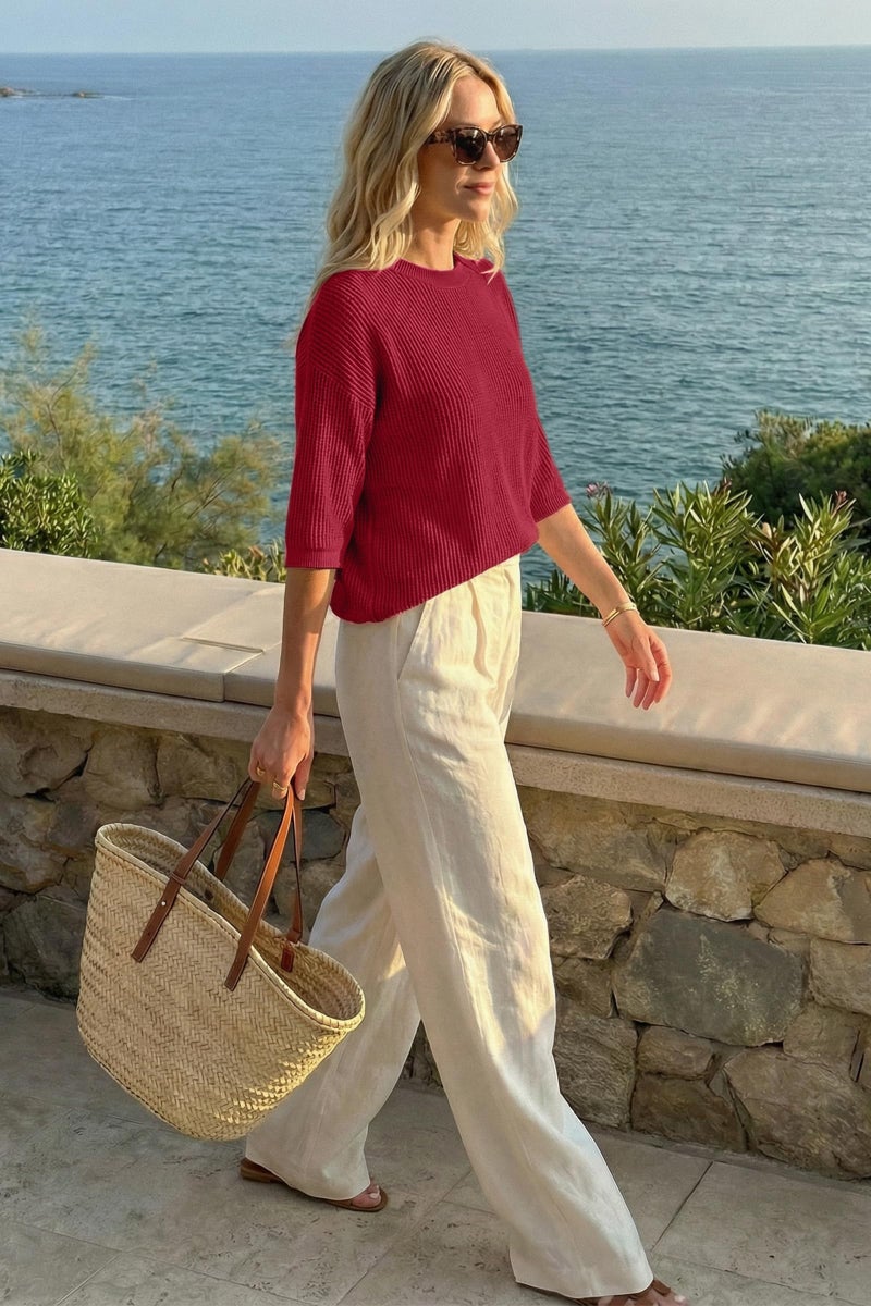 Arach&Cloz 2026 Women's Cotton Spring Summer Crochet Tops Crew Neck 3/4 Half Drop Short Sleeve Hollow Out Oversized Resort Wear Sweater Casual Vacation Outfits Fashion Trendy Shirts Red XL - Image 5