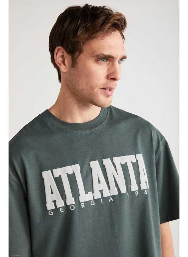 Grimelange ATLANTA Men's 100% Cotton Short Sleeve Printed Detailed Green T-Shirt.